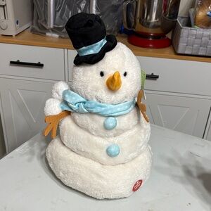 Singing Plush Snowman with Black Hat and Blue Scarf